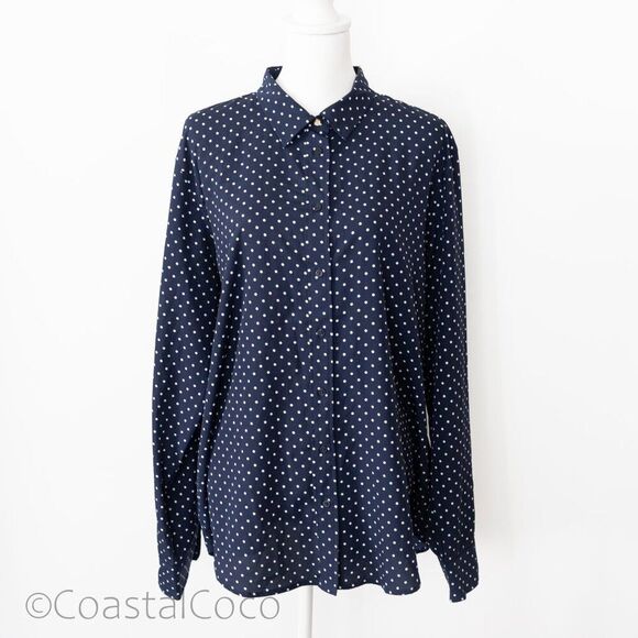 Lauren Ralph Lauren Silky Button Up Navy Polka Dots XXL Luxury Officewear Preppy - Picture 1 of 14